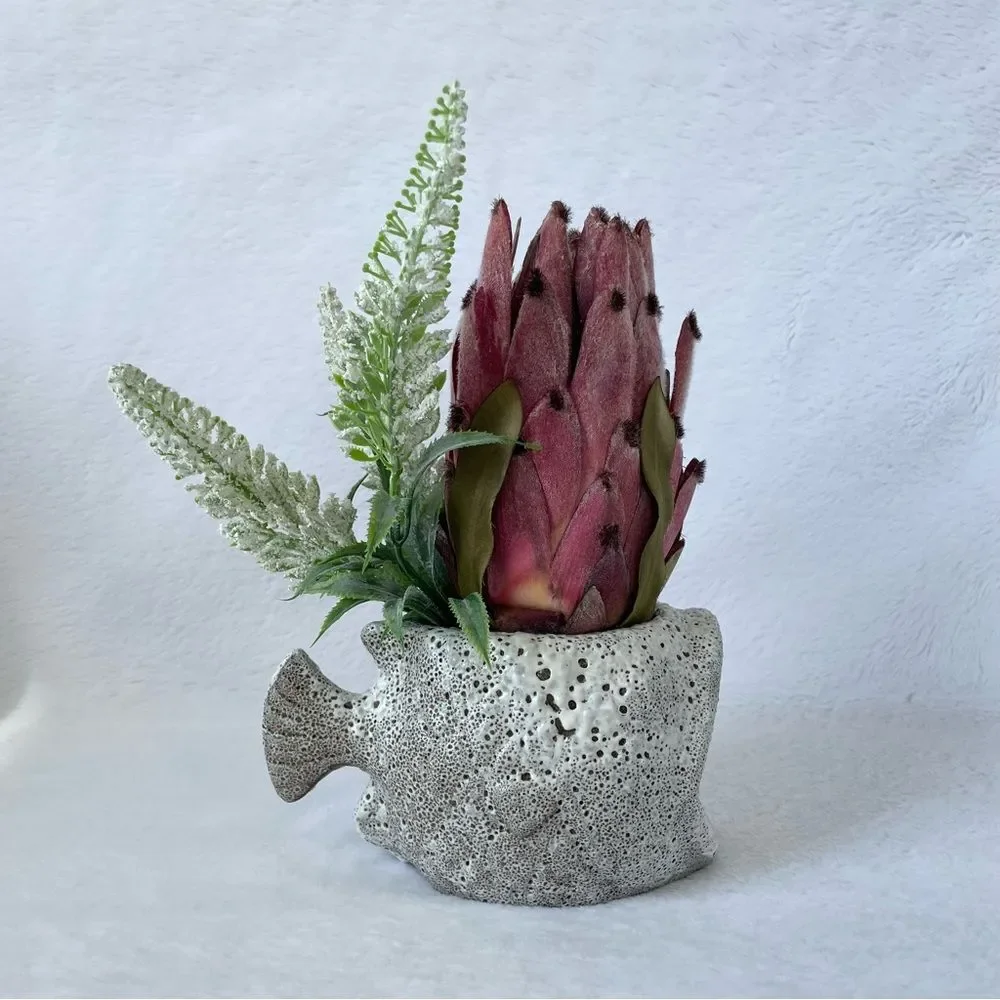 Handmade Faux Pink Protea Arrangement in Textured Fish Planter